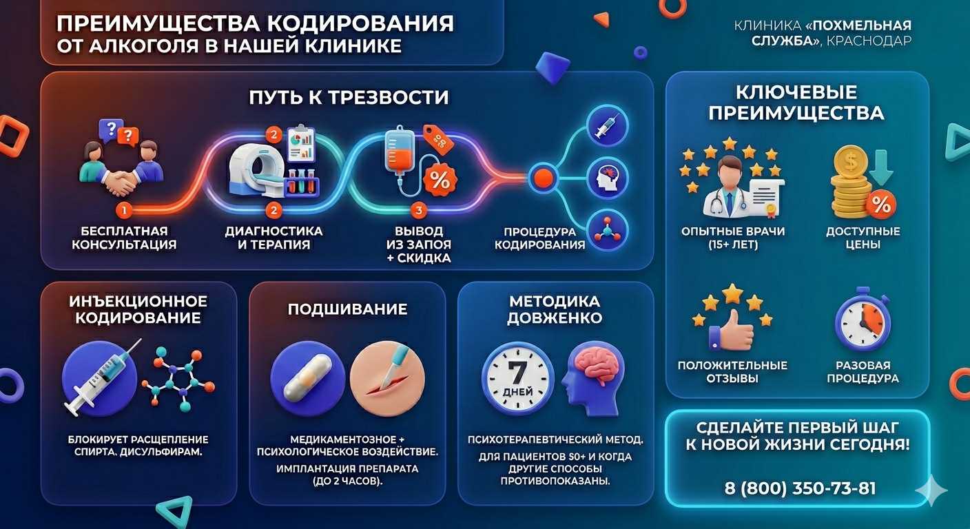 Инфографика о методах кодирования от алкоголя в Зеленогорске: инъекции, подшивание, метод Довженко. Преимущества клиники и этапы лечения.